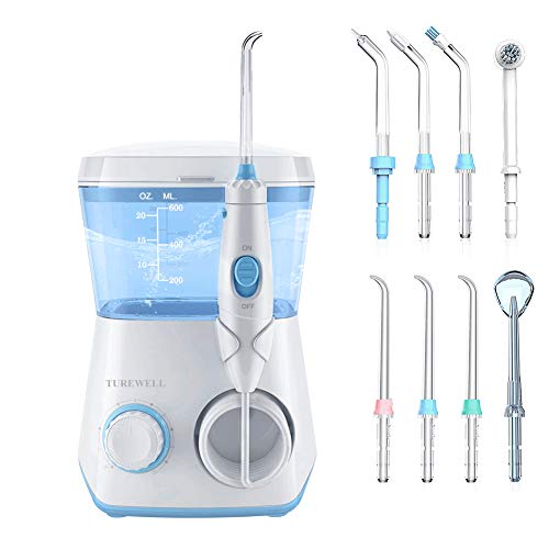 Irrigadores Dental-TUREWELL Irrigador Bucales con 8 Boquillas 10 Ajustes de Presión Del Agua, 600 ML Gran Capacidad de Depósito,IPX7 Impermeable Limpieza Dental