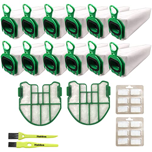 Italdos Kit de bolsa de aspiradora compatible para Vorwerk Folletto VB100 FP100-12 bolsas + 2 filtros de motor + 12 perfumes + 2 cepillos de dientes