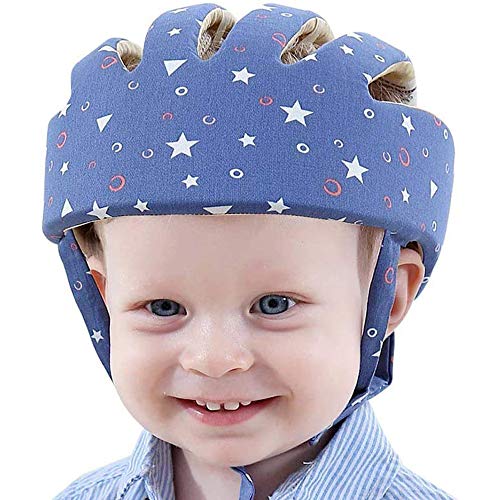 IULONEE Casco de protección para bebé, gorra protectora para cabeza de bebé, gorra de algodón ajustable(Azul estrellado)