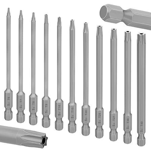 Juego de 8 Destornilladores Torx, Largo de 150mm 1/4" Magnéticas Hexagonal Puntas Torx, T8 T10 T15 T20 T25 T27 T30 T40 (11pcs 100mm)