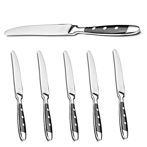 Kerafactum® - 6 cuchillos de menú con filo de sierra, cuchillo de menú con 3 remaches, cuchillo de mesa, cuchillo de carne, cuchillo de sierra con mangos negros. El juego de diseño es ampliable.