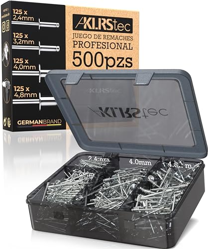 KLRStec Profesional Juego de Remaches Ciegos [500pcs] Aluminio/Acero Remache Pop Set para Remachadora 125 Piezas de cada tamaño (2,4mm, 3,2mm, 4,0mm y 4,8mm)