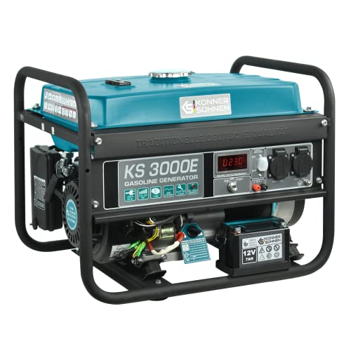 Könner & Söhner Generador de gasolina KS 3000E, grupo electrogeno de 3000 W,con arranque manual/eléctrico, 2x16A (230 V), 12V, generador electrico tiene (AVR), protección ante sobrecargas