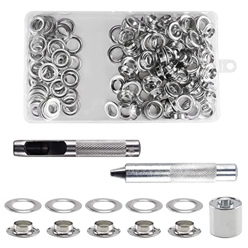 KOSHIFU 100 Piezas Ojales Metalicos 14mm Kit de Ojetes Metalicos Inoxidable Herramienta de Montaje de Arandela Ollaos Ojetes para Toldos Lona Cuero Cortinas Papel