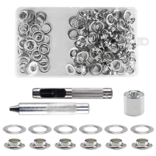 KOSHIFU Lote de 100 Ojales Metalicos 16mm Kit de Ojetes Metalicos Inoxidable Herramienta de Montaje de Arandela Ollaos Ojetes para Toldos Lona Cuero Cortinas Papel