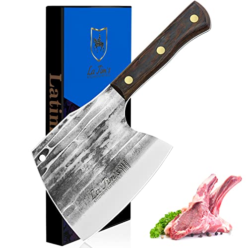LA TIM'S Cuchillo de carnicero, cuchillo de 0.85 Kg para trabajo pesado con acero forjado a mano con alto contenido de carbono, cuchillo de carnicero para cortar huesos, mango de madera maciza