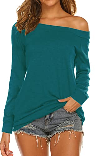 Lalala Camiseta larga para mujer, elegante, hombros descubiertos, manga corta/manga larga, blusa túnica, azul pavo real, L