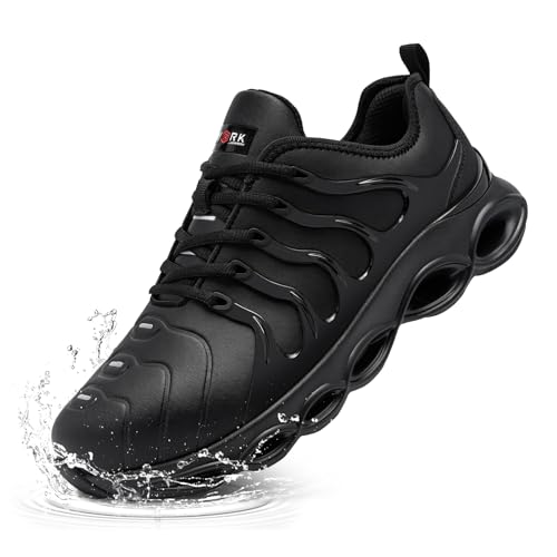 LARNMERN Zapatos de Seguridad para Hombre Impermeable Amortiguación Cómodo Ligeras Moda Zapatillas de Seguridad Punta de Acero Anti-Impacto(Negro Microfibra,41EU)