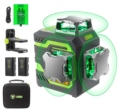 LasGoo Nivel Láser LG-3D Línea Autonivelante 3x360°, 3D con Rayos Verdes de Construcción y Alineación, 2 Baterías Recargables de Iones de Litio, Soporte Giratorio Elevable Magnético, Verde