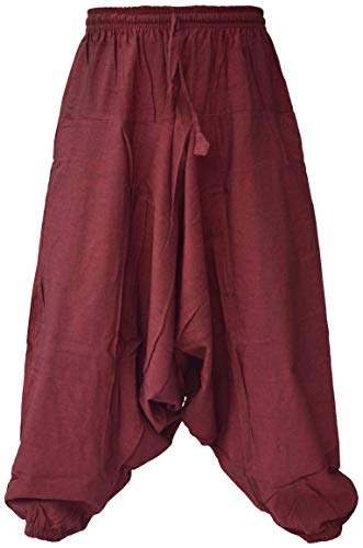 Little Kathmandu - Pantalones de corte asiático de pierna ancha y tiro bajo, tipo harem o pantalones de pescador tailandés Rojo Maroon Hemp S/M