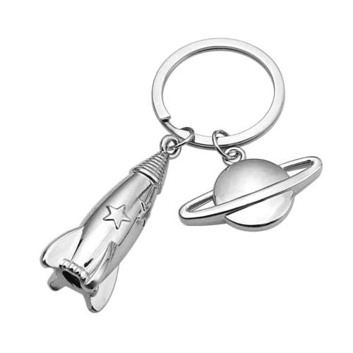 Llavero de Cohete Espacial - Llaveros Cohete del Espacio con planeta de Saturno color plata - Icono Nave Espacial de Zinc - Llavero para amantes del espacio - Llavero para hombre y mujer unisex