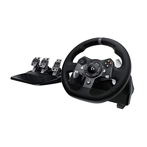 Logitech G G920 Driving Force Volante de Carreras y Pedales, Force Feedback, Aluminio Anodizado, Palancas de cambio, Volante de Cuero, Pedales Ajustables, Enchufe EU, Xbox One/PC/Mac, Negro