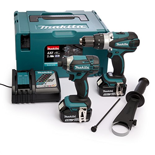 Makita combo DHP458 + DTD152 + DC18RC + BL1850Bx2, 18 V, 2 x 5 Ah Li-Ion Martillo Drill/Impact Driver Kit, 1 pieza, dlx2145tj, 600 W, 18 V, Azul y Plateado