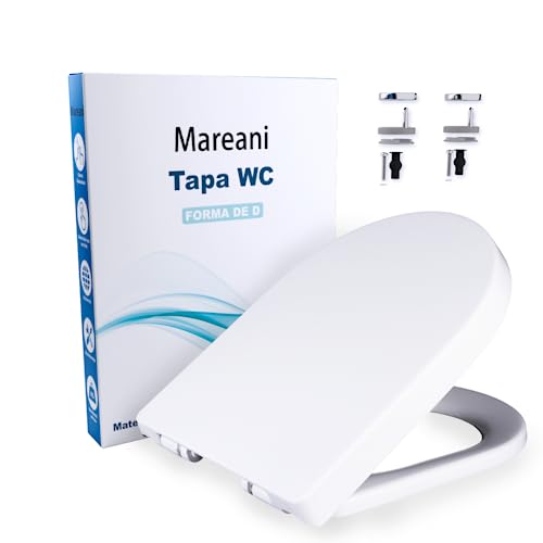 Mareani Tapa de WC. Asiento de inodoro universal en forma de D con cierre suave y lento, fácil montaje y limpieza. (460x360x50) mm