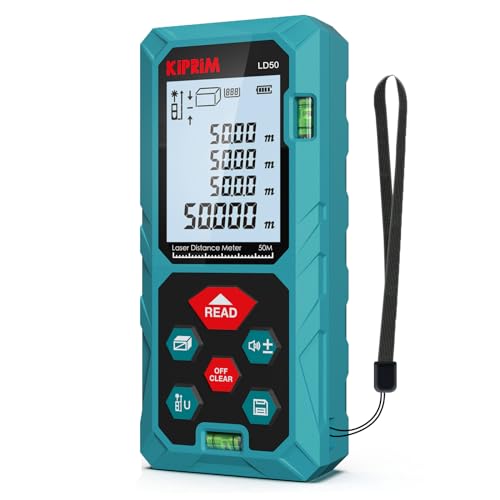 Medidor Láser 50 m, Telémetro Láser de Burbujas Portátil in M/In/Ft, Memorias 99 Conjuntos de Datos, IP54, Apagado Automático, Calibración y Silencio Automáticos, Pantalla LCD de 4 líneas