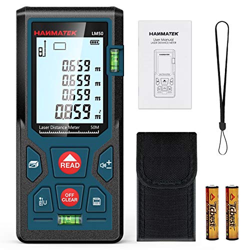 Medidores Laser 50 M, Telémetro Láser con 2 Burbujas de Niveles in M/In/Ft, Memorias 99 Datos, Pantalla LCD Retroiluminada, Medición de Pitágoras, IP54, Automático Apagado, Calibración Automática