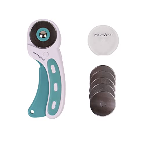 Milward 45mm Rotary Cutter & 5 Spare Blades, Ergonomic Handle with Safety Lock, Left & Right-Handed Fabric, Leather, Crafting, Sewing, Quilting, Fabric Rotary Cutter, Turquoise & White