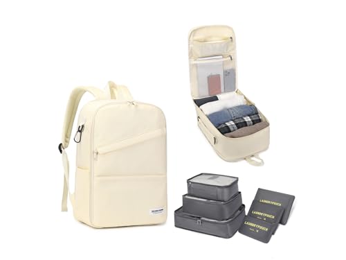 Mochila Viaje Cabina Avion 40x20x25 para Mujer y Hombre con Set Organizador Maleta de 6 Piezas. Bolsa Equipaje Mano de 30L Medidas Aptas Bajo Asiento Avión para Ryanair, Vueling, Easyjet (L, Beige)