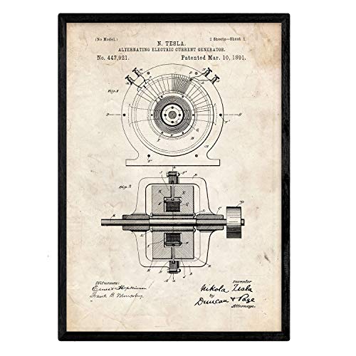 Nacnic Poster con patente de Generador corriente alterna. Lámina con diseño de patente antigua en tamaño A3 y con fondo vintage