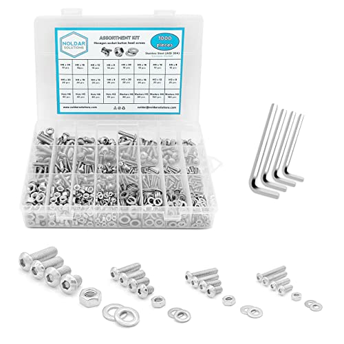 NOLDAR | Surtido de tornillos allen con cabeza de botón, tuercas hexagonales y arandelas planas. Kit tornillería en acero inoxidable de 1000 piezas Métrico M3 M4 M5 M6. Longitudes desde 8mm hasta 20mm