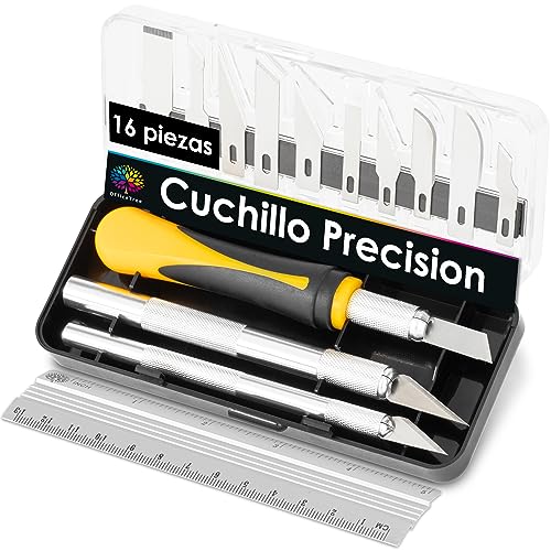 OfficeTree - Cutter Precision - Set de Manualidades 16 Piezas - Escalpelo de modelismo por 3 Cuter diferentes y 13 Cuchilla de Repuesto - Bisturi profesional