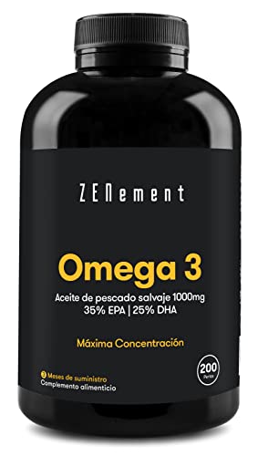 Omega 3 2000mg por dosis diaria, Máxima Concentración de DHA 500mg y EPA 700mg, Ácidos Grasos de Alta Potencia | Aceite de pescado salvaje con Vitamina E | 200 cápsulas de Omega-3 | Zenement