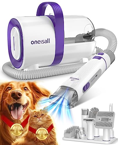oneisall Cortapelos Perros con aspiradora de pelo, Aspira el 99% del pelo de las mascotas, máquina de corte silenciosa para perros y gatos y otras 7 herramientas de aseo (violeta)