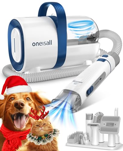 oneisall Cortapelos Perros con aspiradora de pelo, Aspira el 99% del pelo de las mascotas, máquina de corte silenciosa para perros y gatos y otras 7 herramientas de aseo (azul)