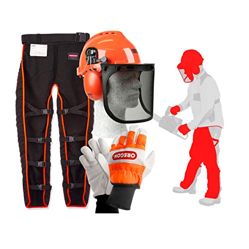 Oregon - Equipo de ropa de seguridad para motosierra tipo A (polainas de protección para pantalones, guantes y casco)