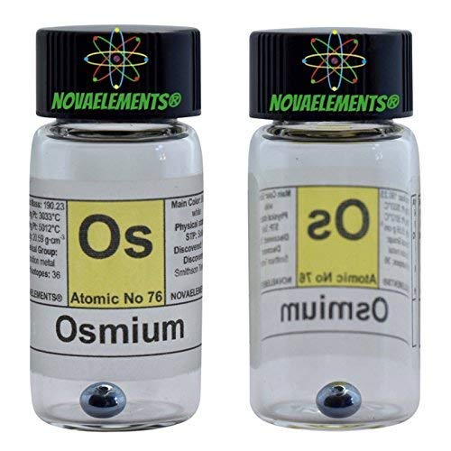 Osmio elemento 76 Os, muestra puro 0,5 gramos 99,99% en frasco de vidrio etiquetado