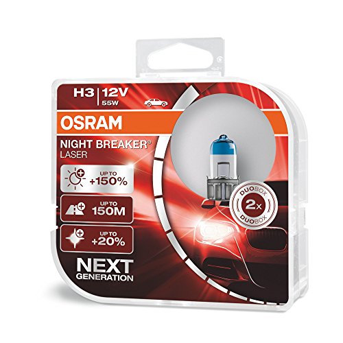 OSRAM NIGHT BREAKER LASER H3, +150% más de luz, lámpara halógena para faros, 64151NL-HCB, coche de 12 V, caja dúo (2 lámparas)