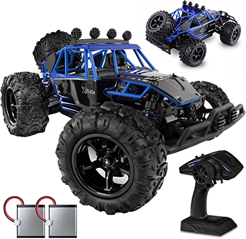 Overmax Coche RC X-Flash, Alcance de 100 Metros, Velocidad de hasta 45 km/h, Tracción en Las 4 Ruedas, Amortiguador de Aceite, Construcción Reforzada, Iluminación, Negro-Azul