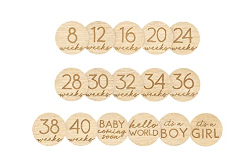 Pearhead Marcadores de hitos de viaje de embarazo, discos de madera de hitos de crecimiento semanal, anuncio de embarazo y llegada del bebé, tarjetas de accesorios de fotos de doble cara, accesorio