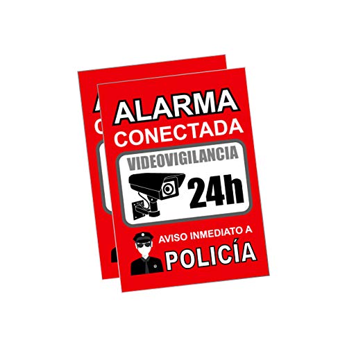 Pegatina alarma securitas - Cartel zona videovigilada adhesivo - Pegatinas Aviso a la Policía - Placa videovigilancia Rojo Interior/Exterior (14,8 x 10,5 cm) (2 Piezas Pegatinas zona videovigilada)