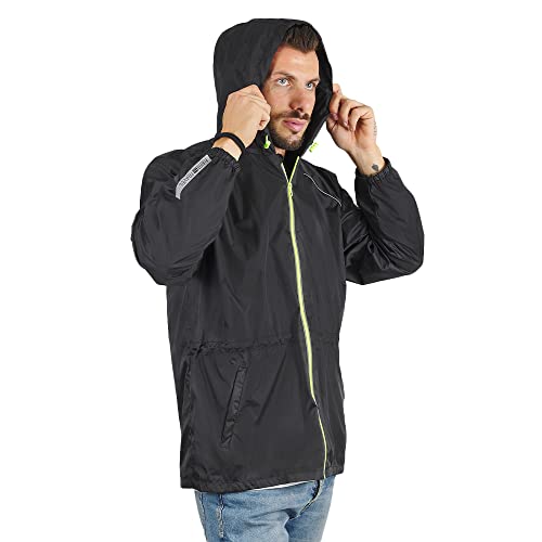 PERLETTI Chubasquero Hombre Cortaviento Ligero con Cremallera - Impermeable Hombre con Capucha Detalles Reflectantes - Chaqueta Trench Deporte Transpirable Waterproof Reutilizable Hombres (XL, Negro)