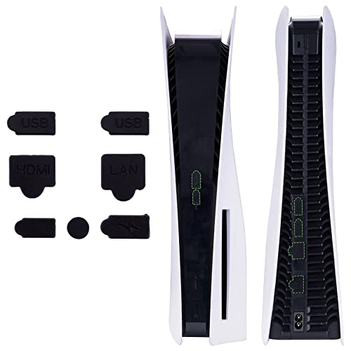 PlayVital Silicona Tapón Antipolvo Kit para ps5 Consola USB HDMI Interfaz Tipo A/C Puerto LAN Tapones de Polvo para ps5 Consola Digital & Disco Edición Enchufe a Prueba de Polvo-Negro Transparente