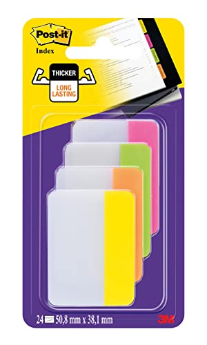 Post-It Index Marcadores Rígidos, Grande - 50.8 mm x 38.1 mm (24 Unidades) Verde, Naranja, Rosa y Amarillo - Marcapáginas Para Señalar, Resaltar o Colorear