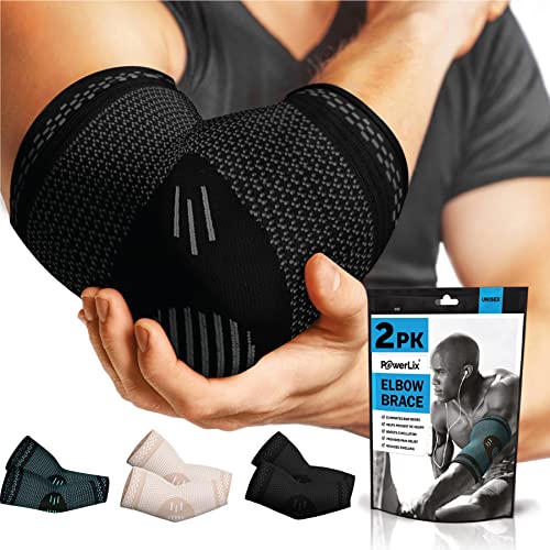 POWERLIX Codera para hombres/mujeres, 2 paquetes de coderas de compresión, codo de tenista, codo de golfista, mangas de soporte para protección deportiva y alivio del dolor, Negra, L