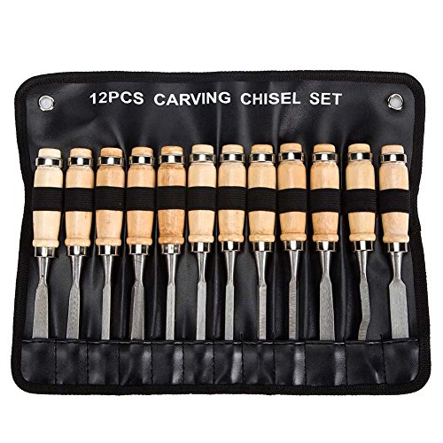 Profesional para tallar madera cincel Set - Eleoption Pack de 12 Sharp carpintería herramientas con funda de transporte - Madera cuchillo para trinchar Kit perfecto vez novatos Escultura madera