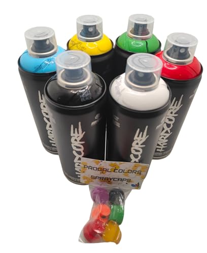 PROGAL COLORS MTN Hardcore 2 - Juego de 6 pinturas en aerosol para graffiti Mural Street Art (400 ml, 6 boquillas de repuesto)