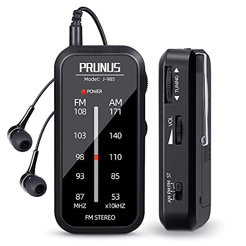 PRUNUS J-985 Transistores Radio Bolsillo FM/Am, Radio Portatil Pequeña con Auriculares (Estéreo en Modo de FM-ST), Radio Pilas Pequeña Funciona con 2 Pilas AAA, Clip Trasero, para caminar y Viajar.