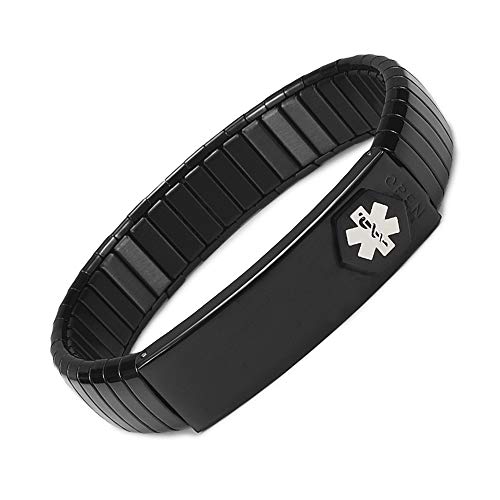 Pulsera de alerta médica para hombres, para mujer, ID, brazalete, elástico, acero inoxidable, personalizado (Ponga los detalles en la sección Levantar, tarjeta médica personalizada + tiras gratis)