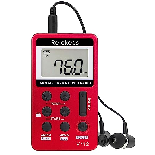 Retekess V112 Radio Portátil Pequeña,Mini Receptor de Sintonizador Digital Am FM,Batería Recargable,con Auriculares,Temporizador de Apagado, (Rojo)