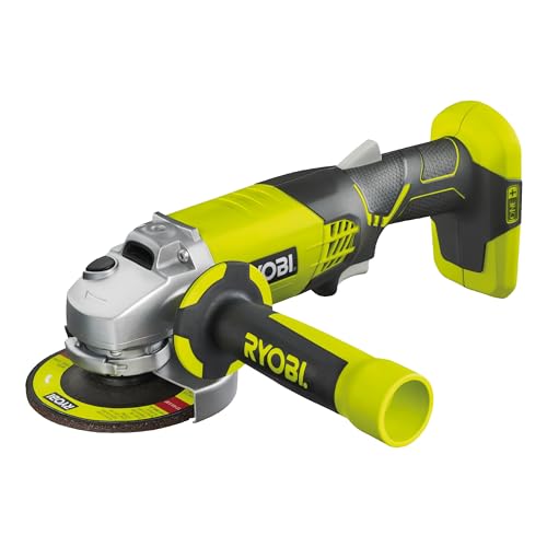 RYOBI - Amoladora Angular Eléctrica Sin Cable 18V ONE+ Ø115mm - Usos en Metal, Piedra, Bloque de Hormigón, Cemento y Mármol - Buena Autonomía - Se Entrega con Accesorios - R18AG-0