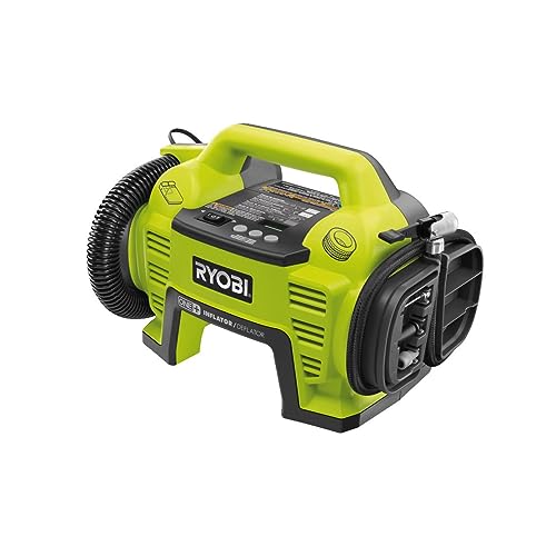 RYOBI Compresor Inflador 18V ONE+ a Batería (no Incluida) con Pantalla Digital Presión Integrada - Presión máx. 10,3bar / Flujo máx. 210L/min - Incluye 3 Puntas de Inflado - R18I-0