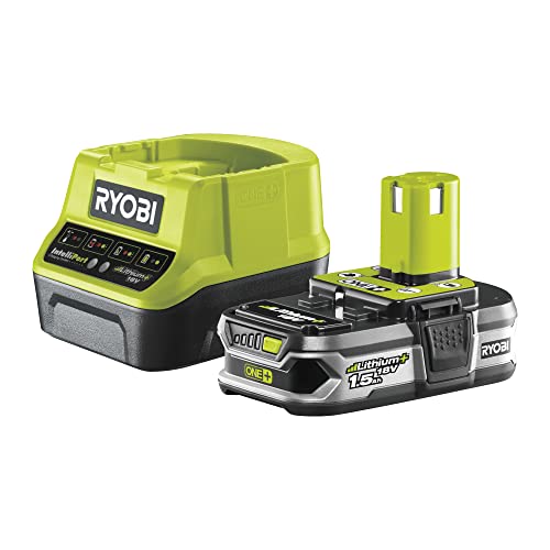 RYOBI - Pack 1 Cargador Rápido 2.0 A/h + 1 Batería Litio+ 18V ONE + 1,5 Ah - Batería Multiusos Compatible con Más de 200 Herramientas de Bricolaje, Jardinería, Limpiez, Automoción RYOBI - RC18120-115