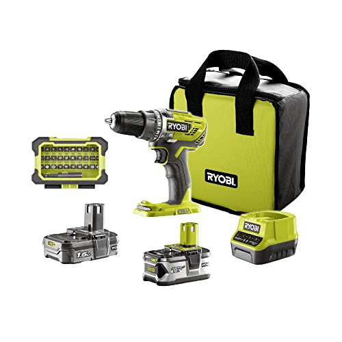 RYOBI - Taladro Atornillador Inalámbrico 18V ONE+, 2 Velocidades, 50Nm - Portabrocas de Autoapriete 13mm, LED, 2 Baterías (4Ah y 1,5Ah), 1 Cargador, 1 Juego de Puntas - Bolsa - R18DD3-2415BSA31