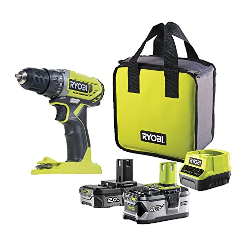 RYOBI - Taladro/Atornillador Inalámbrico 18V ONE+ - 2 Velocidades - Se Entrega con 1 Batería Litio+ 2,0Ah y 1 Batería Litio+ 4,0Ah, 1 Cargador y 1 Bolsa de Almacenamiento - R18DD2-242S