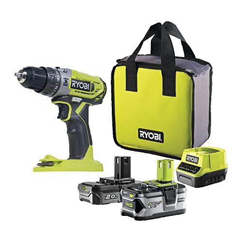 RYOBI - Taladro/Atornillador/Percutor 18V ONE+ - 2 Velocidades - Se Entrega con 1 Batería Litio+ 2,0Ah y 1 Batería Litio+ 4,0Ah, 1 Cargador y 1 Bolsa de Almacenamiento - R18PD2-242S