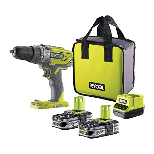 RYOBI - Taladro/Atornillador/Percutor Inalámbrico 18V ONE+ - Especial para Taladrar Grandes Diámetros - 2 Velocidades - con 2 Baterías Litio+ 1,5Ah, 1 Bolsa y 1 Cargador - R18PD3-215S